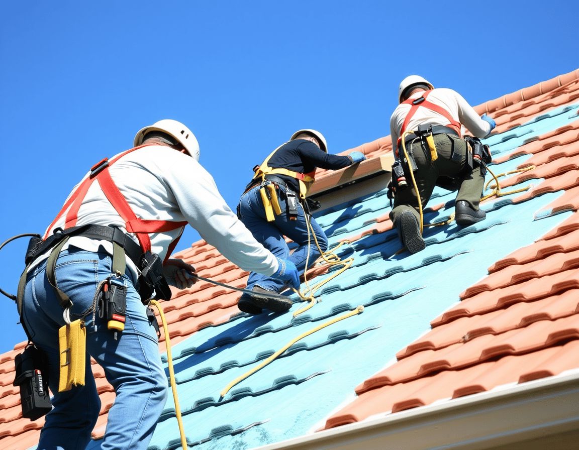 Professional roof painters working on a residential home