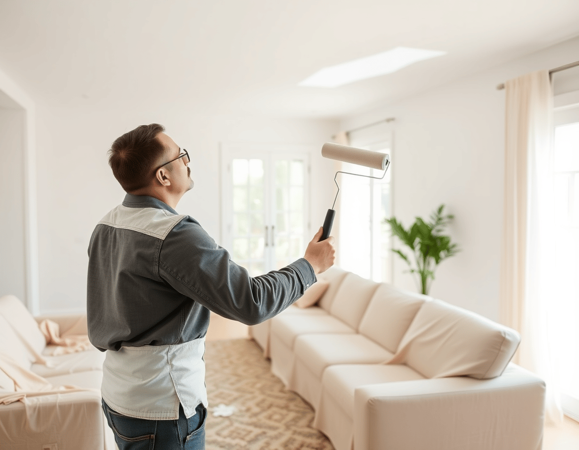 Professional interior house painter at work