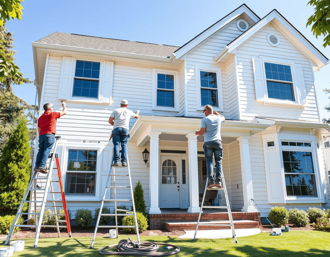 Professional exterior house painters at work