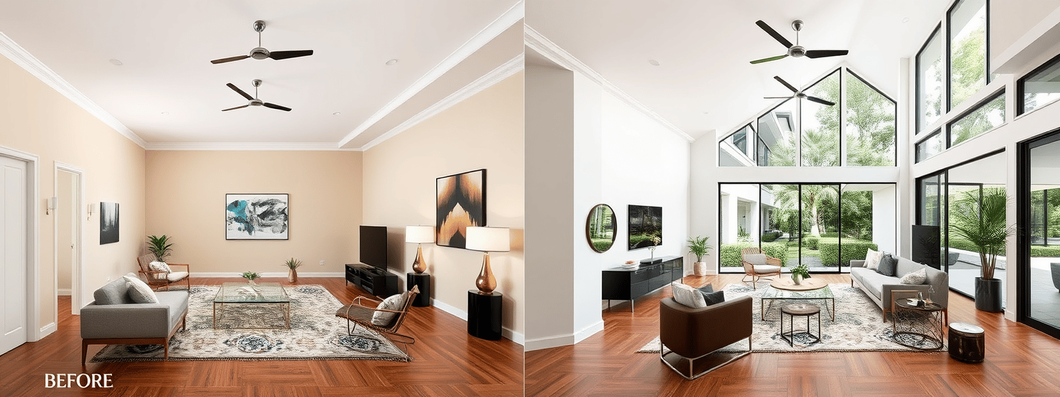 Before and after painting transformation of a living room